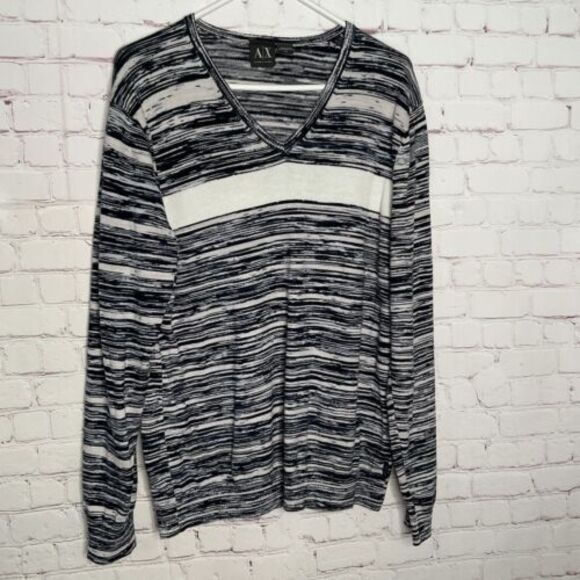 Armani Exchange Sweater Men’s size Large Blue White Stripes V-Neck Knit Pullover - Picture 1 of 10